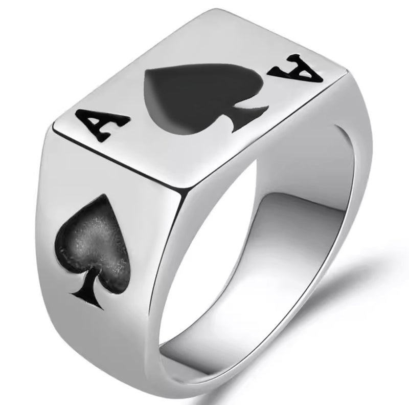 JAJAFOOK Men's Stainless Steel Ring, Poker Spade Ace, Black Silver,Sizes 10 - Image 1